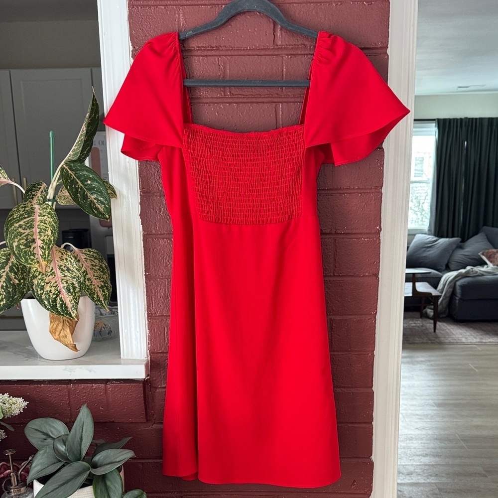 Show Me Your MuMu Smocked Top Red Mini Dress w Flutter Sleeves S